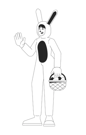 Easter Bunny Woman Asian Black And White 2 D Line Cartoon Character Young Female Mascot Rabbit Isolated Vector Outline Person Hare Costume Girl Holding Basket Monochromatic Flat Spot Illustration Illustration