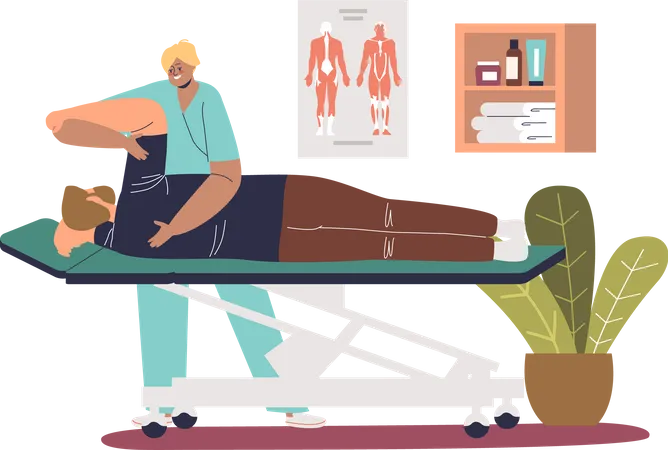 Female masseur osteopath treating back and arm  Illustration