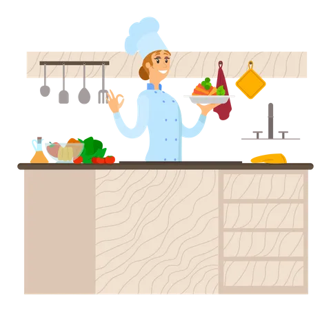 Best Chef Logo Woman Holds Plate With Ready Made Meal Restaurant Service Breakfast Or Dinner Dish Vector Design For Restaurant Menu Female Kitchener Serves Dish From Chef Healthy Food At Cafe Illustration