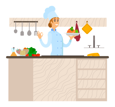 Female masterchef cooking food in restaurant  Illustration