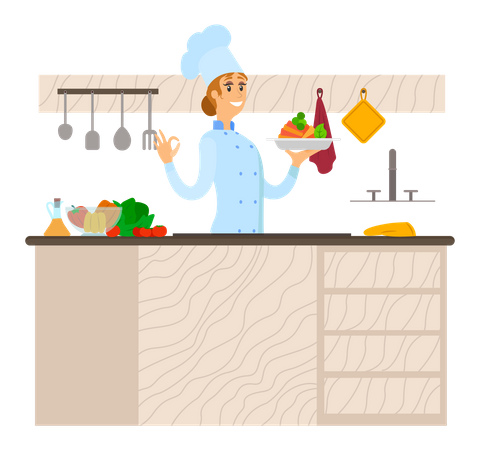 Female masterchef cooking food in restaurant  Illustration