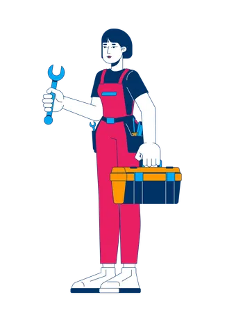 Female mechanic holding wrench and toolbox  Illustration