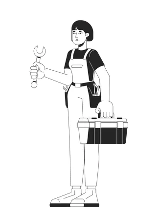 Female mechanic holding wrench and toolbox  Illustration