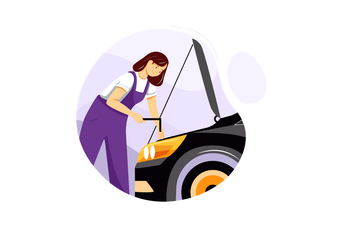 Female mechanic repairing car engine  Illustration