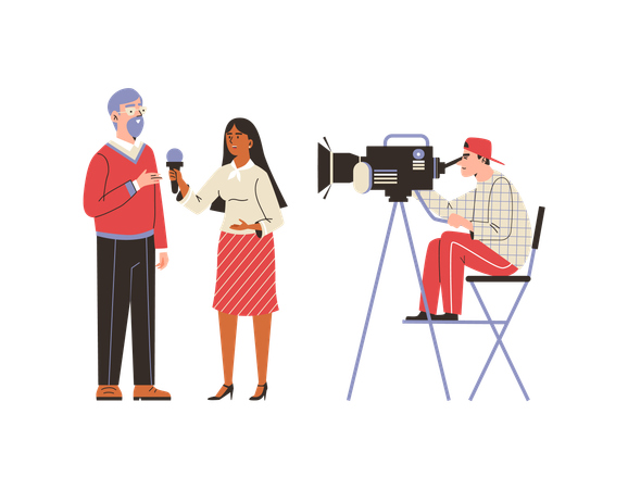 Female media journalist with microphone taking interview  Illustration