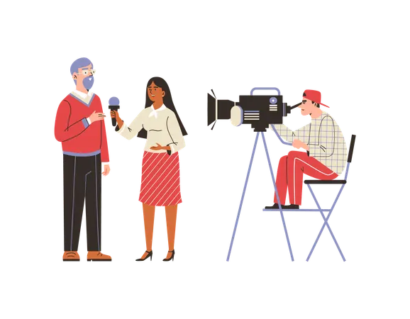 Female media journalist with microphone taking interview  Illustration