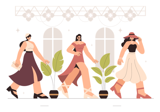 Female Models Showcasing Trendy New Outfits on a Catwalk Ramp During a Fashion Show  Illustration