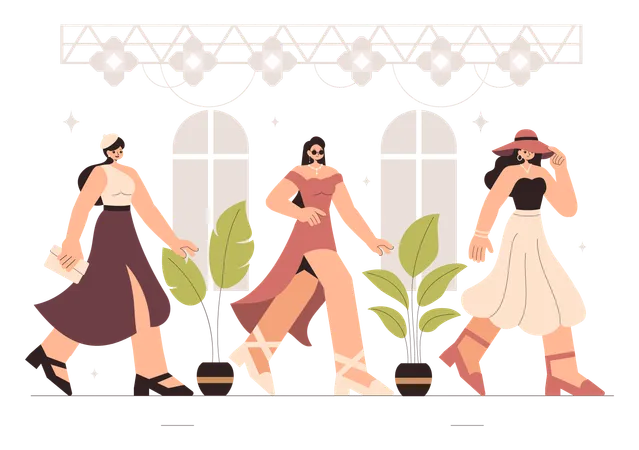 Female Models Showcasing Trendy New Outfits on a Catwalk Ramp During a Fashion Show  Illustration