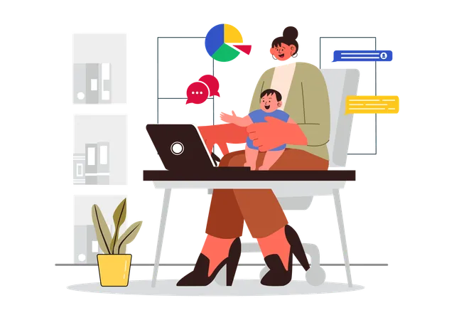 Female mother working from home  Illustration