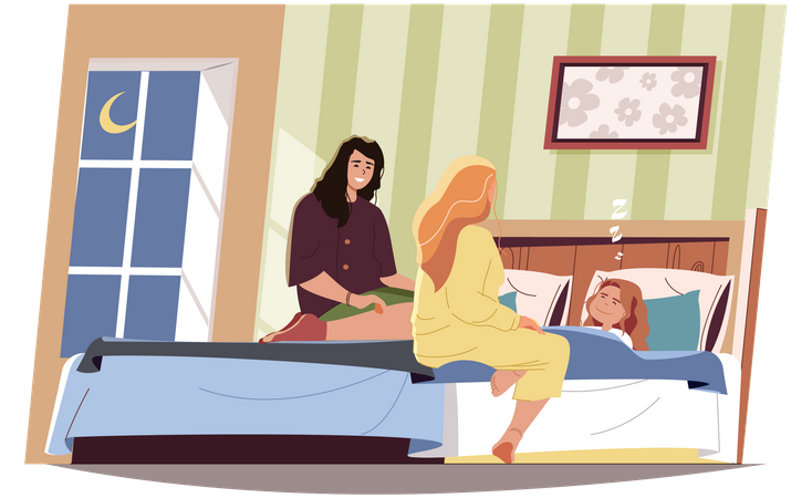 Female mothers put little daughter to bed Illustration
