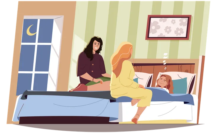 Female mothers put little daughter to bed  Illustration