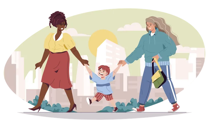 Female mothers with son walking at street Illustration