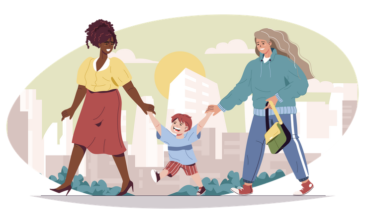 Female mothers with son walking at street  Illustration