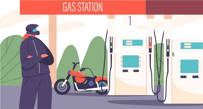 Female Motorcyclist Refuels Bike At Gas Station  Illustration