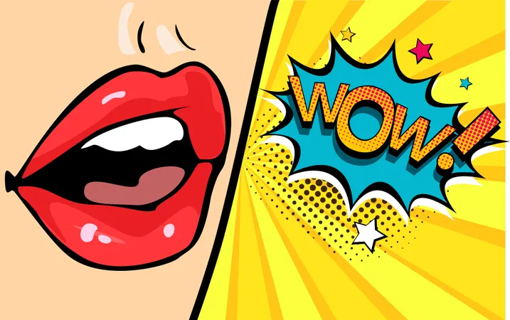Female mouth with speech bubble wow Illustration