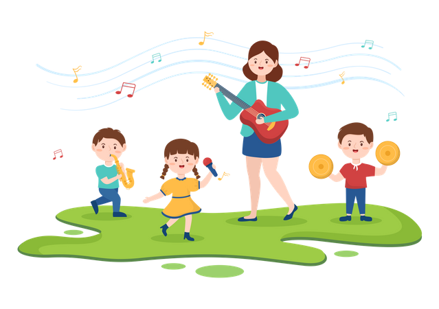 Female music teacher teaching to students  イラスト
