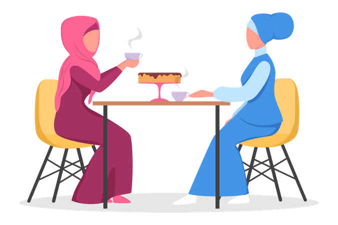 Female muslim friends enjoying cup of coffee at a cafe Illustration