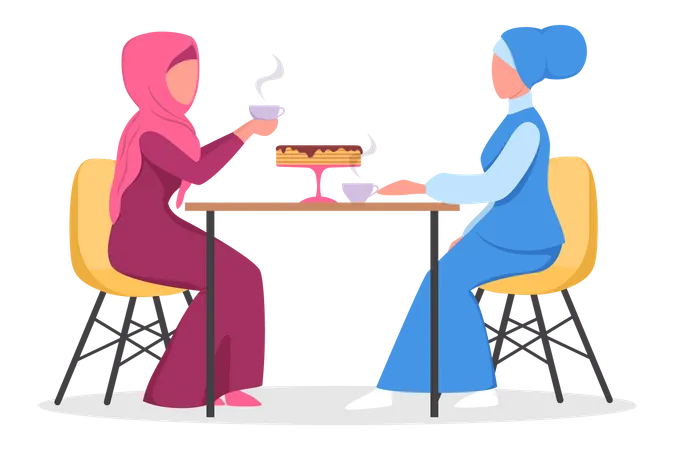 Female muslim friends enjoying cup of coffee at a cafe  Illustration