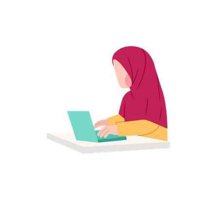 Female Muslim Student study online on laptop Illustration