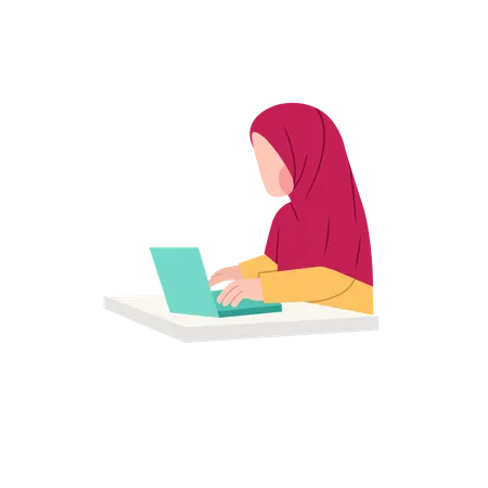 Female Muslim Student study online on laptop  Illustration