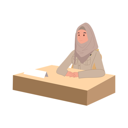 Female muslim teacher with hijab sitting at desk in office workspace  Illustration