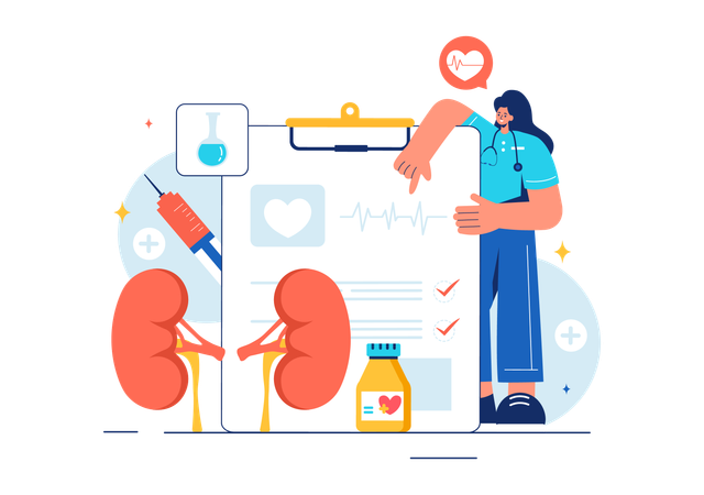 Female Nephrologist with Kidney Report  Illustration