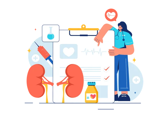 Female Nephrologist with Kidney Report  Illustration