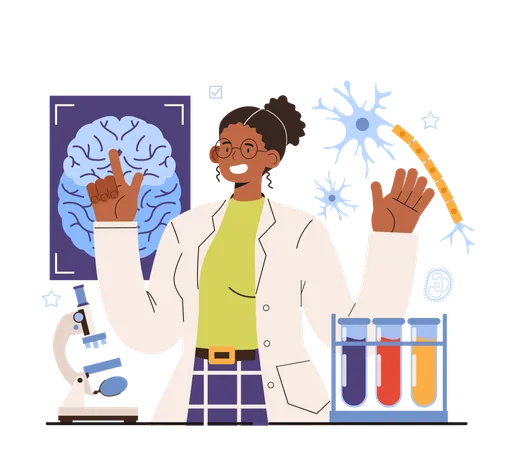 Diverse Women In Science Concept Female Character Neurologist Works With Human Brain And Nervous System Nervous System Disease Research And Therapy Flat Vector Illustration 일러스트레이션