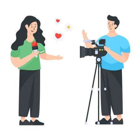 Female news reporter with male cameraman Illustration