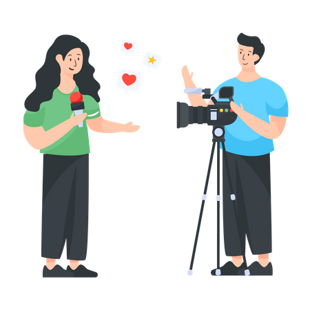 Female news reporter with male cameraman  Illustration