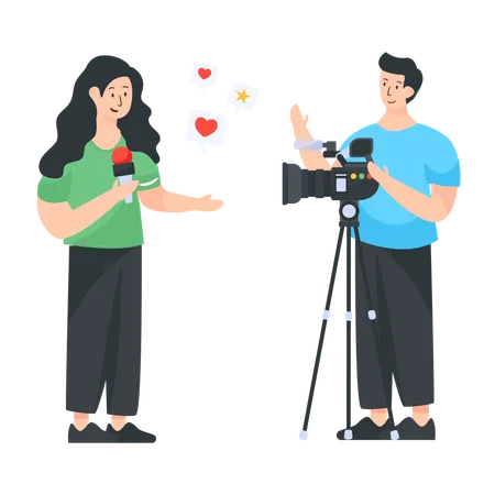 Female news reporter with male cameraman  Illustration