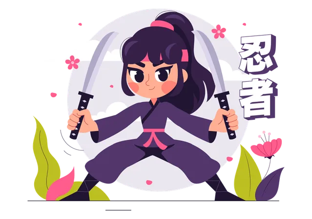 Female ninja posing with katana  Illustration