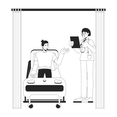 Female nurse and male patient discussion in hospital rooms  Illustration