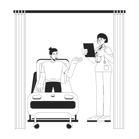 Female nurse and male patient discussion in hospital rooms  Illustration