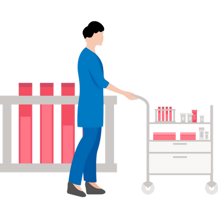 Female nurse carrying medical trolley  Illustration