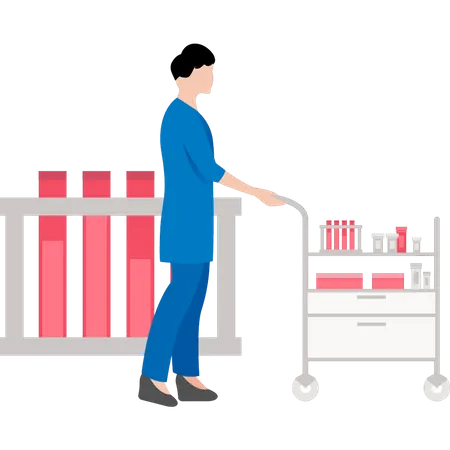 Female nurse carrying medical trolley  Illustration