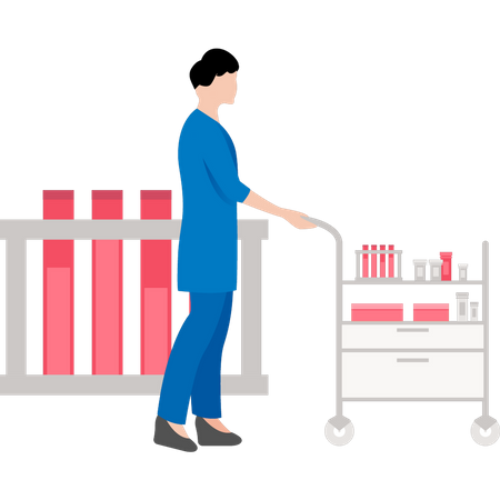Female nurse carrying medical trolley  Illustration