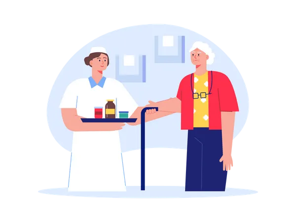 Female nurse giving medicines to old woman Illustration