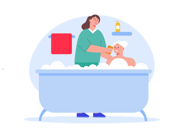 Female nurse helping aged woman with bathing Illustration