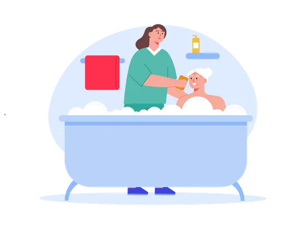 Female nurse helping aged woman with bathing Illustration