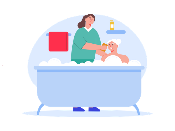 Female nurse helping aged woman with bathing  Illustration