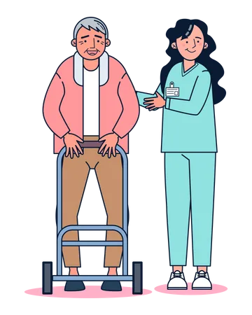 Female nurse helping old aged man in walking Illustration