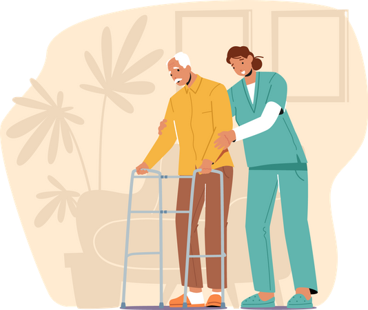 Female nurse helping old aged man in walking  Illustration