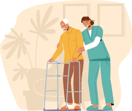 Female nurse helping old aged man in walking  Illustration