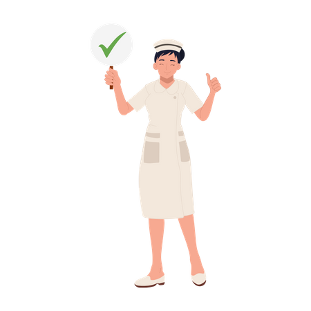 Female nurse holding Check mark sign with showing thumbs up Illustration