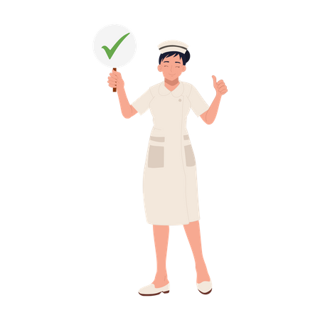 Female nurse holding Check mark sign with showing thumbs up  Illustration