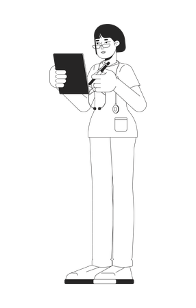 Female nurse in scrubs holding clipboard and pen  Illustration