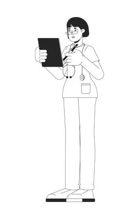 Female nurse in scrubs holding clipboard and pen  Illustration