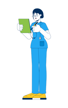 Female nurse in scrubs holding clipboard and pen  Illustration