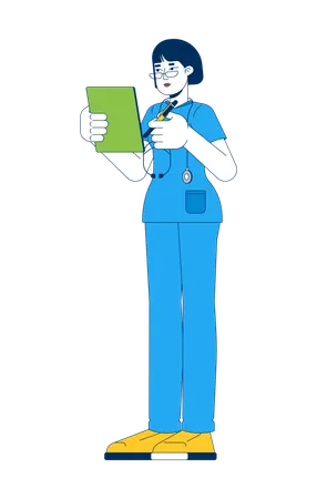 Female nurse in scrubs holding clipboard and pen  Illustration